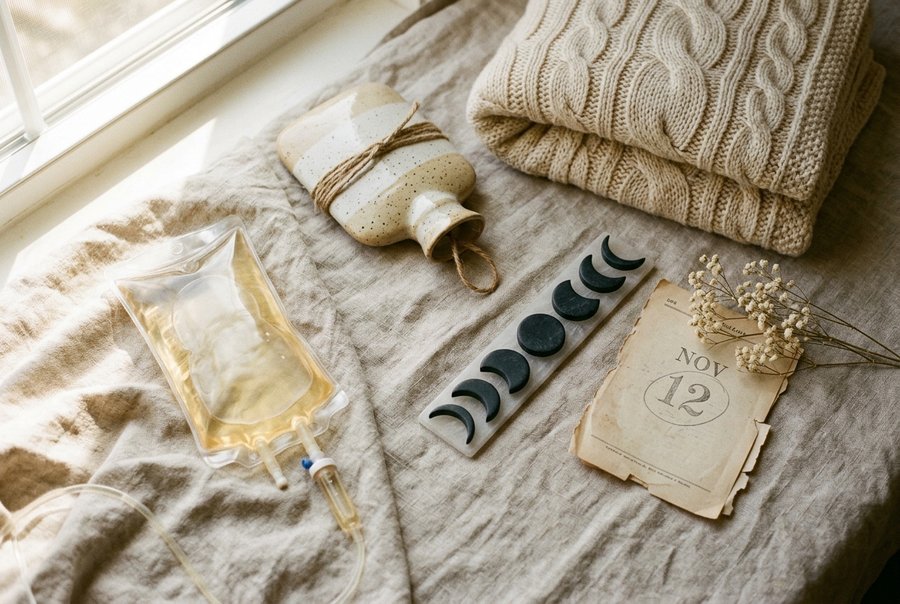 Bloom Monthly IV drip with moon phase and monthly wellness props