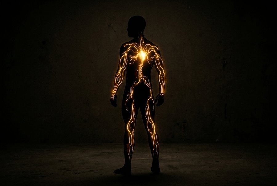 NAD+ Drip Bio-Hack Gain — bioluminescent energy silhouette